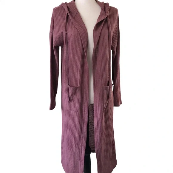 Love Riche Loveriche Mauve Pink Long Line Hooded Waffle Knit Duster Pockets S - Picture 4 of 9